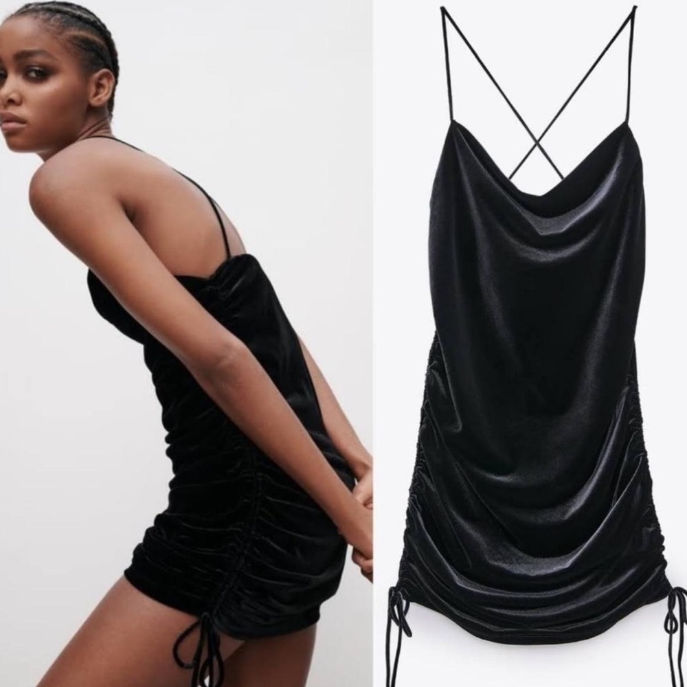 NWOT Zara Draped Black Velvet Mini Dress Sz XS